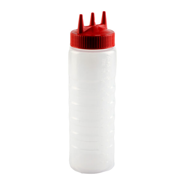 Traex Color-Mate 24 oz. Clear Tri-tip Ridged Wide Mouth Squeeze Bottle with Red Cap