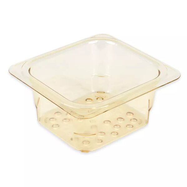Cambro H-Pan: 1/6 Size Amber High Heat Plastic Colander Pan 3" Deep